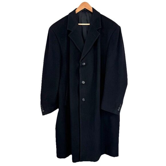 JOS A BANK Pea Coat Mens Size 44 Regular Black Wool Cashmere Lined Pockets Long - Picture 1 of 10